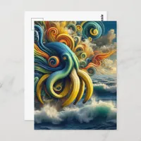 Blue Yellow Surreal Banana Octopus Postcard