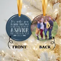 Christian Christmas Typography Blue Holiday Photo Ceramic Ornament