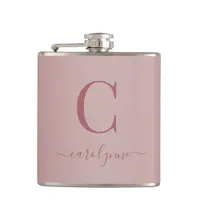 Chic Elegant Rose Gold Monogram Script Flask