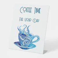 Artistic Blue Coffee Cup with Swirling Patterns Pedestal Sign