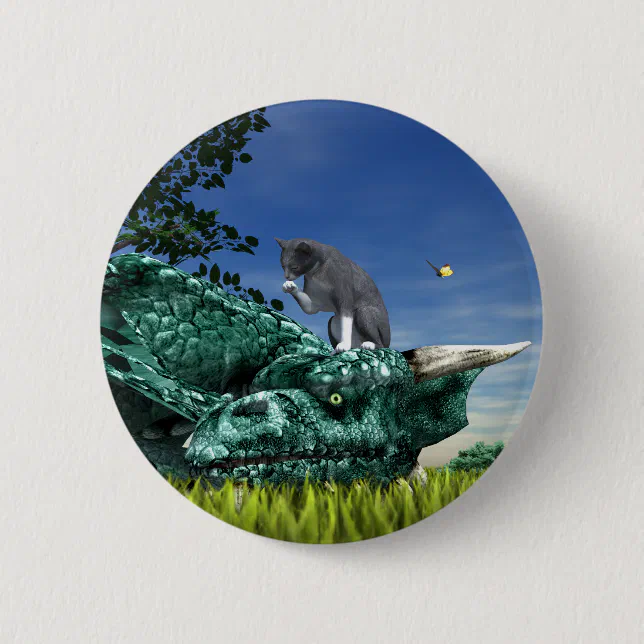 Surprise Visitor - Cute Cat on Dragon’s Head Pinback Button