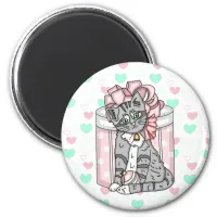 Merry Christmas Gray Kitten Pink Bow  Magnet