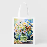 Vase of Daisies Pretty Floral   Grocery Bag