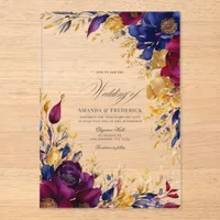 Gold, Navy Blue, and Burgundy Floral Wedding Acrylic Invitations