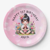 Pretty Personalized Asian Girl and Doll Birthday  Paper Plates