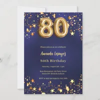 80th birthday navy blue gold stars invitation