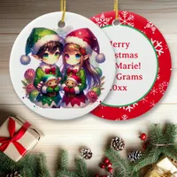 Anime Elves and Snowflakes Personalized Christmas  Ceramic Ornament