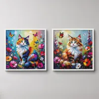 Pretty Colorful Impasto Cat and Flowers Peel And Stick Photo Tile