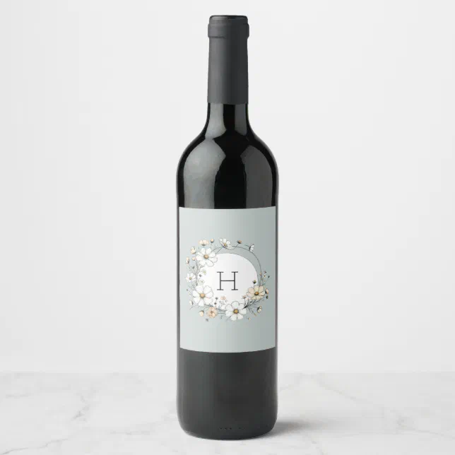 Sage Green Monogram Boho Flowers Personalized Wine Label