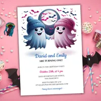 Spooky Ghosts Halloween Joint Twins First Birthday Invitation