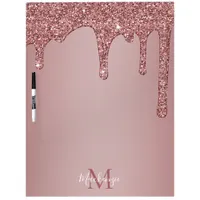 Trendy Rose Gold Sparkle Dripping Glitter Monogram Dry Erase Board