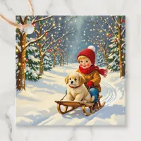 Vintage Christmas Scene, Boy on Sled with Puppy Favor Tags