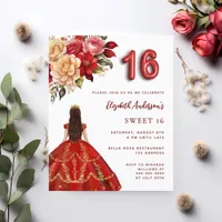 Red gold dress roses white Sweet 16 invitation