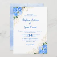 Blue Gold Floral Watercolor Wedding Invitation