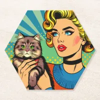 Cartoon Comic Pop Art Women Holding Cat Paper Coaster