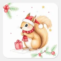 Cute Little Watercolor Christmas Squirrel Square Sticker