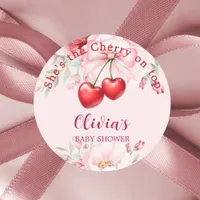 Cherry on top pink bow florals Baby Shower Classic Round Sticker