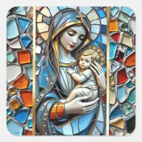 Stained Glass Mosaic | Mary and Jesus Christmas Square Sticker