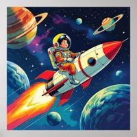Little Boy on a Rocket Ship Flying through Space Poster