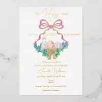 Purple Floral Crest Easter Bunny Girl Baby Shower Foil Invitation