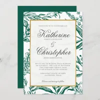 Elegant Dark Green Gold Botanical Wedding Invitation