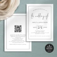 Elegant Script Line Border QR Black White Wedding Invitation