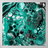 Teal and Black Bubbles Digital Fluid Art Cells    Poster