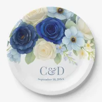 Navy Royal Bue Wedding Watercolor Ivory Flowers Paper Plates