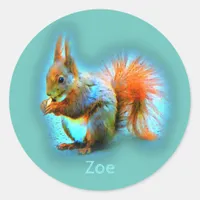 Squirrel in modern style on turquoise kids classic round sticker