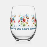 Floral Watercolor Monogram You're the Bee's Knees  Stemless Wine Glass