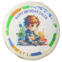 Boy Playing Video Games Personalized Birthday Sugar Cookie