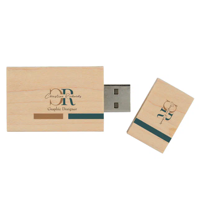 Simple Modern Blue Gold Monogram Wood Flash Drive