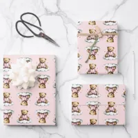 Cute Teddy Bear in Pink PJs Pink Background Wrapping Paper Sheets