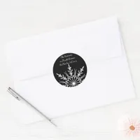 White Snowflake on Black Return Address Classic Round Sticker