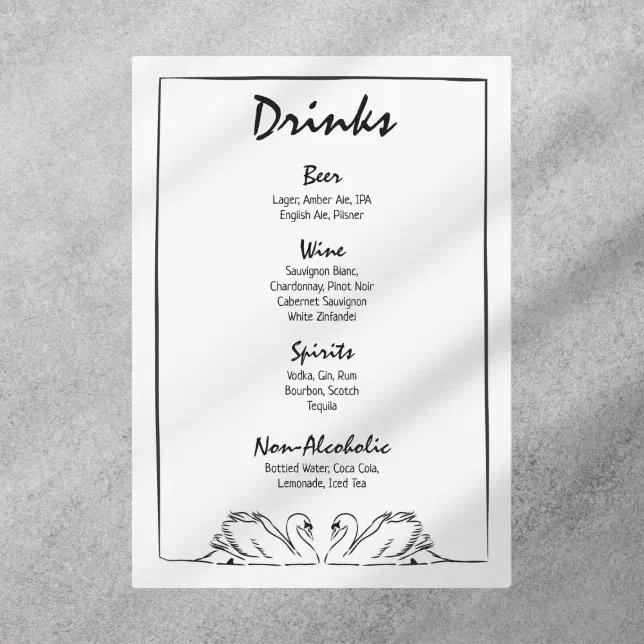 Simple Timeless Hand Drawn Swan Bar Drinks Wedding Menu