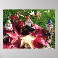 Garden Gnomes in the Yard Fall Red Brown Leaves Poster