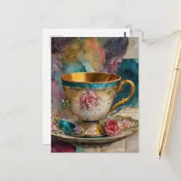 Colorful Teacup Collage Mixed Media Fantasy Postcard