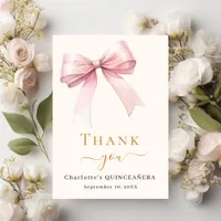 Quinceanera pink bow cream thank you card
