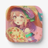 Pretty Anime Girl Holding a Pizza Paper Plates