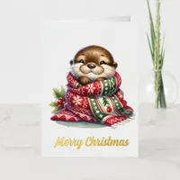 The Christmas Otter in a Scarf Foil Greeting Card