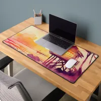 rustic watercolor beach sunset scene desk mat