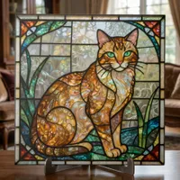 Faux Stained Glass Orange Ginger Tabby Cat Art Ceramic Tile
