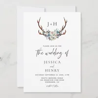 Rustic Floral Stag Antlers Wedding  Invitation