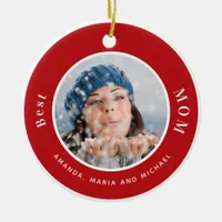 Mother photo red white kids names ceramic ornament