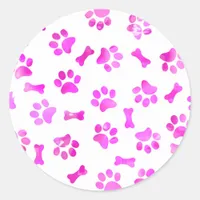 Watercolor Pink Paw Prints Classic Round Sticker