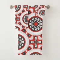 Mosaic Ethnic Geometric Red Grey Black & White Bath Towel Set