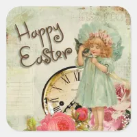 Happy Easter Vintage Girl & Pocket Watch Stickers