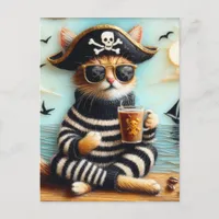 Cat pirate drinking coffee encaustic art style postcard