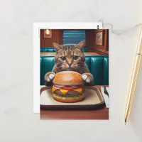 Beautiful Cat at a Diner With a Cheeseburger Postcard