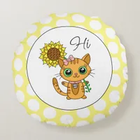 Cute Cat with Sunflower And Polka Dots Round Pillow